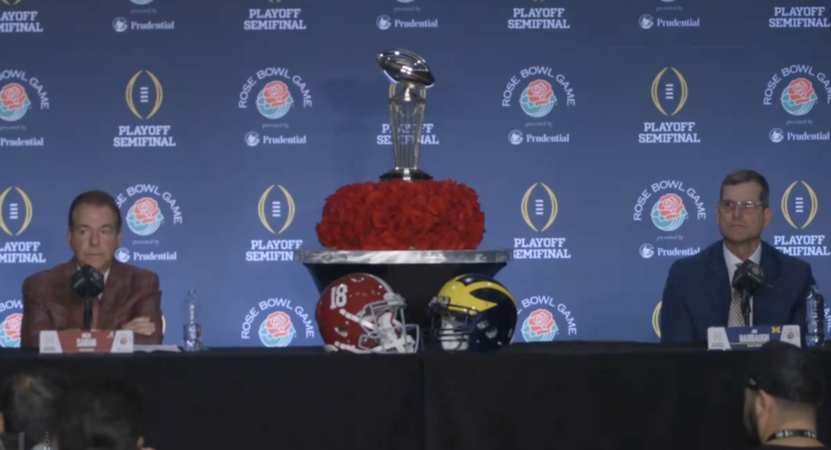 Video Awkward Nick Saban Jim Harbaugh Press Conference Moment Goes