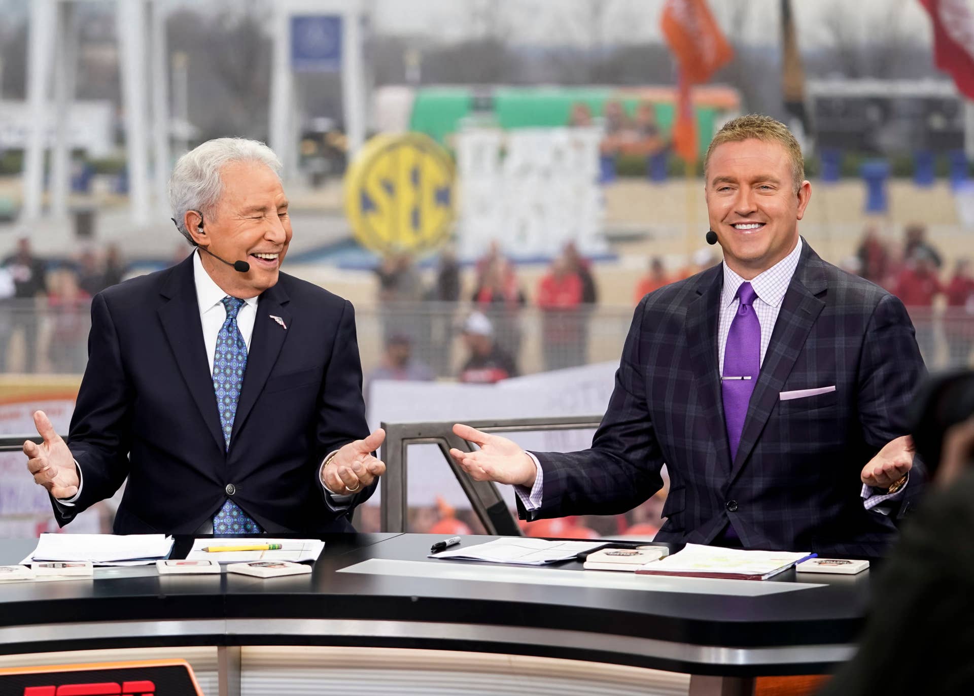 Lee Corso sits alongside Kirk Herbstreit ahead of Georgia vs. LSU football for the SEC Championship.
