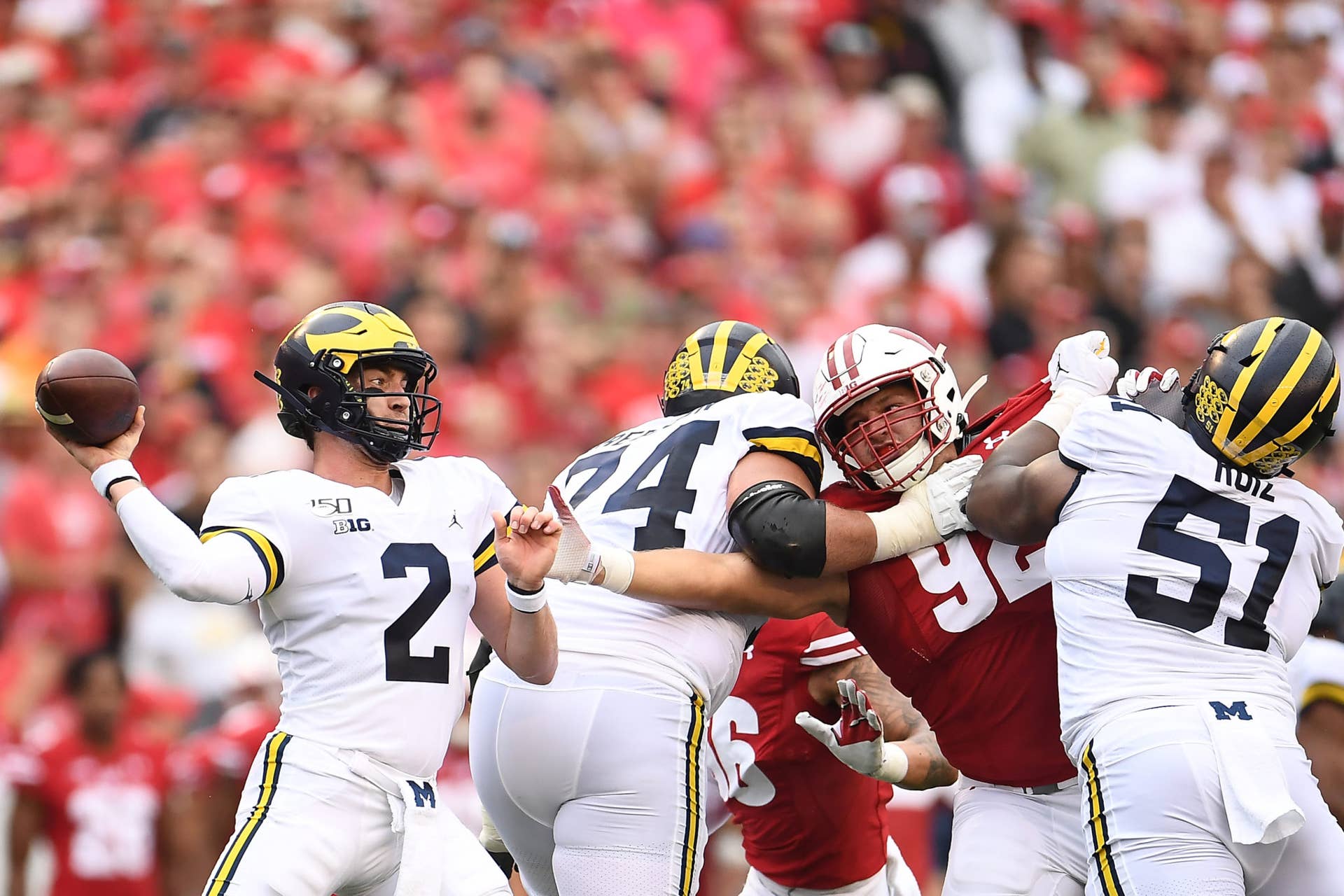 Michigan quarterback Shea Patterson throws in first half.