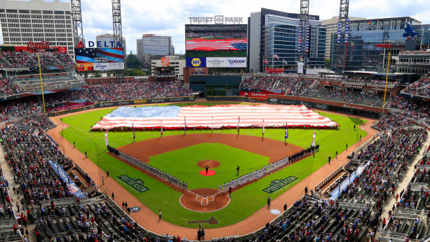 A picture of Truist Park, home to the Atlanta Braves, before Game 3 of the 2021 NLDS.