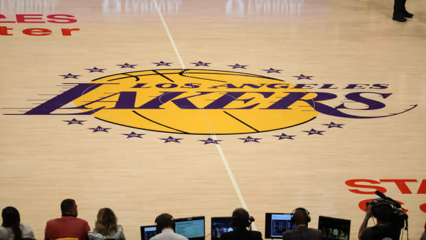 Lakers logo at midcourt.