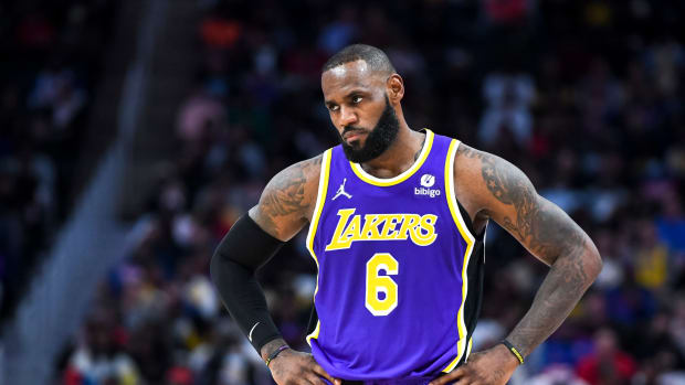 LeBron James on the court for the Lakers.