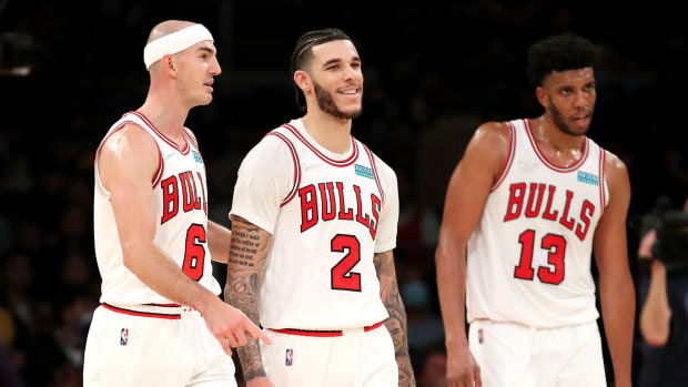Chicago Bulls Alex Caruso, Lonzo Ball and Tony Bradley.