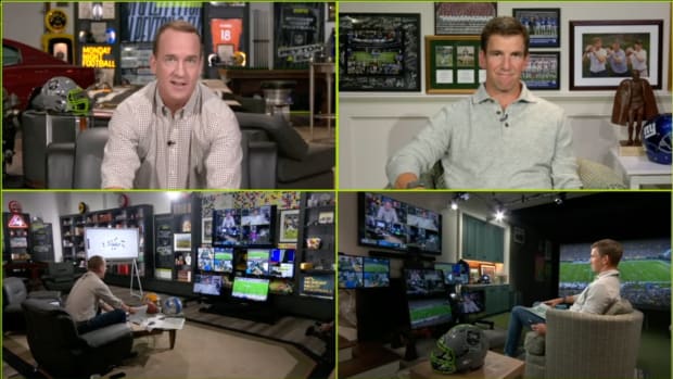 Peyton and Eli Manning on Week 2 Monday Night Football simulcast on ESPN2.
