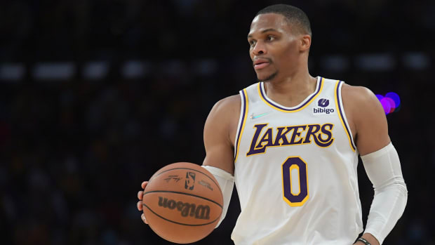 Los Angeles Lakers point guard Russell Westbrook dribbles the ball.
