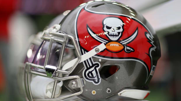 Tampa Bay Buccaneers helmet on the sideline.