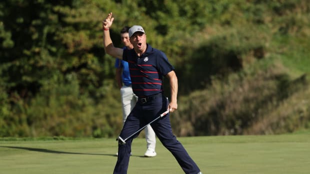 Justin Thomas celebrates a putt at the 43rd Ryder Cup.