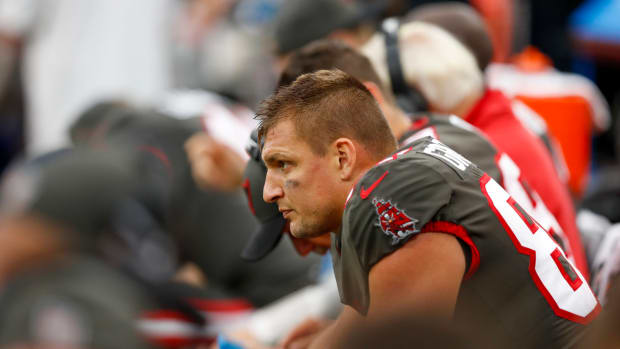 Buccaneers tight end Rob Gronkowski on the bench.