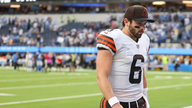 Cleveland Browns quarterback Baker Mayfield on the field.