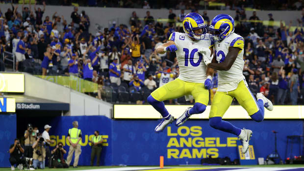 Van Jefferson and Cooper Kupp of the Rams celebrate a touchdown.