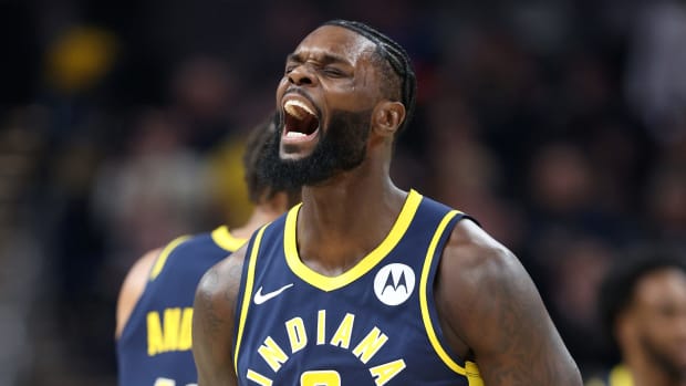 Indiana Pacers Lance Stephenson celebrates during a game.