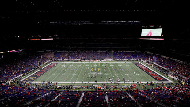 An overhead shot of the field at Luca Oil Stadium prior to the 2022 CFP National Championship between Georgia and Alabama.