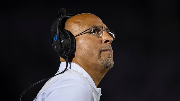 Penn State football head coach James Franklin looks on during a game.
