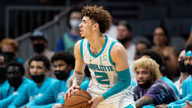 Hornets point guard LaMelo Ball squares up a shot.