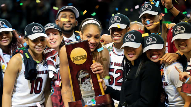 The South Carolina Gamecock's women's basketball team celebrating its national title win.