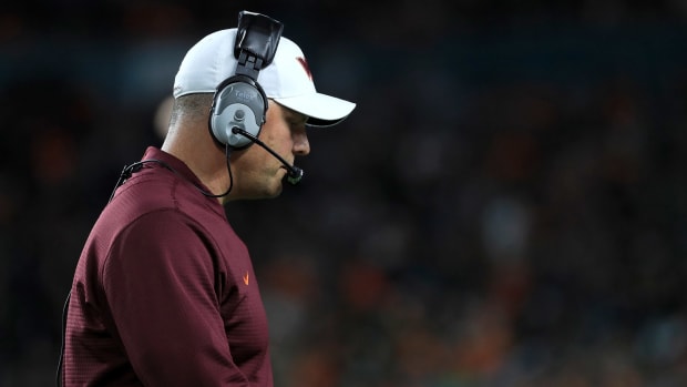 MIAMI GARDENS, FL - NOVEMBER 04:  Head coach Justin Fuente of the Virginia Tech Hokies  looks on during a game against the Miami Hurricanes at Hard Rock Stadium on November 4, 2017 in Miami Gardens, Florida.  (Photo by Mike Ehrmann/Getty Images)