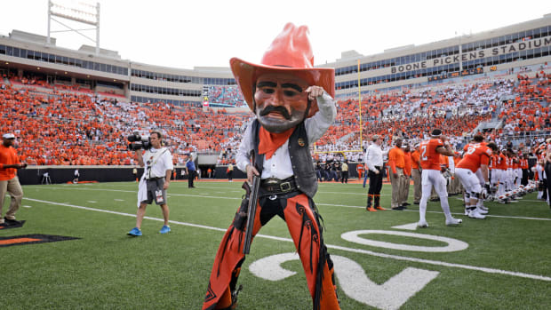 Oklahoma State's mascot on the football field.