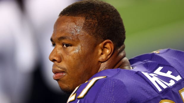 A closeup of Ray Rice on the sideline.