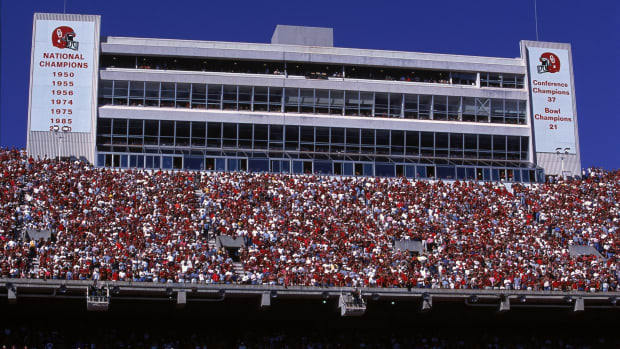 A view of the fans in Oklahoma's football stadium during a game.