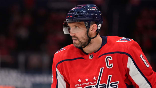 Alex Ovechkin looks on during a game.