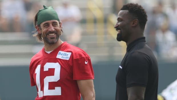 Aaron Rodgers at the practice field in Green Bay.
