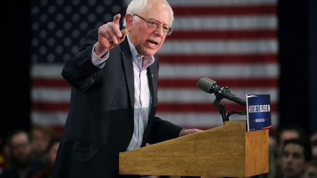 A closeup of Bernie Sanders giving a speech.