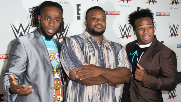 Big E with Kofi Kingston and Xavier Woods.