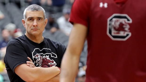 Frank Martin looks on during warmups.