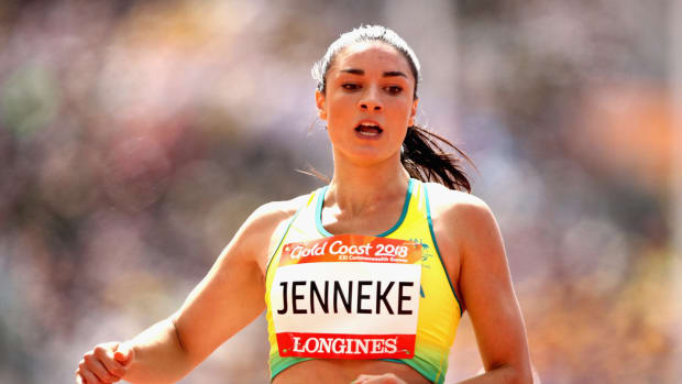 Michelle Jenneke runs a 100 meter hurdle race.