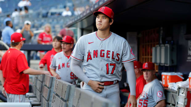 Shohei Ohtani in the dugout for the Angels.