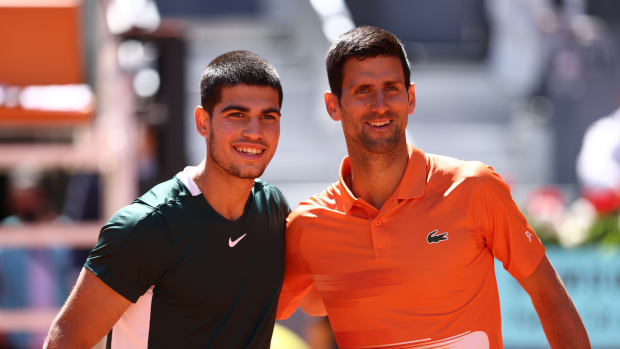 MADRID, SPAIN - MAY 07: Carlos Alcaraz of Spain and Novak Djokovic of Serbia pose for photo during the Mutua Madrid Open 2022 celebrated at La Caja Magica on May 07, 2022, in Madrid, Spain. (Photo By Oscar J. Barroso/Europa Press via Getty Images)
