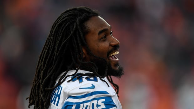 DENVER, CO - DECEMBER 22:  A close-up head shot of a smiling Bo Scarbrough on the sideline with the Lions.