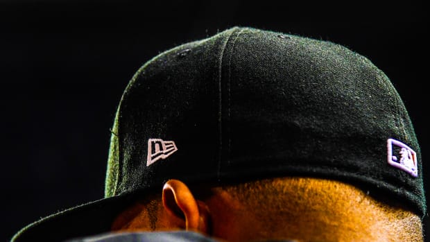 MIAMI, FL - APRIL 28:  A closeup of a New Era logo on an MLB team hat.