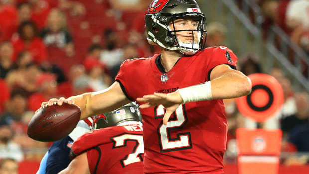 Kyle Trask looks to pass for the Tampa Bay Buccaneers.
