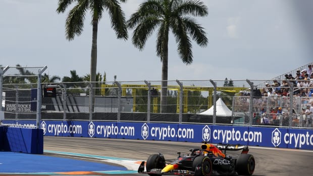Max Verstappen racing in the Miami Grand Prix.