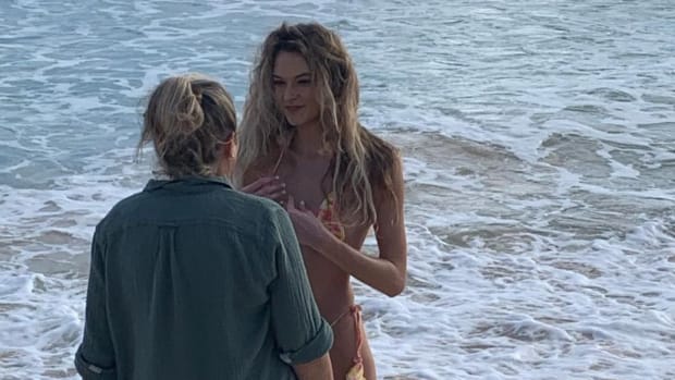 Sports Illustrated Swimsuit Search Finalist Nicole Petrie on the beach with MJ Day.