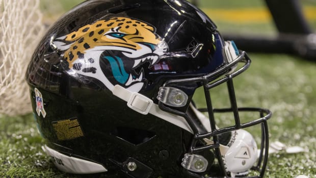 INDIANAPOLIS, IN - NOVEMBER 14: A Jacksonville Jaguars helmet is seen during the game against the Indianapolis Colts at Lucas Oil Stadium on November 14, 2021 in Indianapolis, Indiana. (Photo by Michael Hickey/Getty Images)