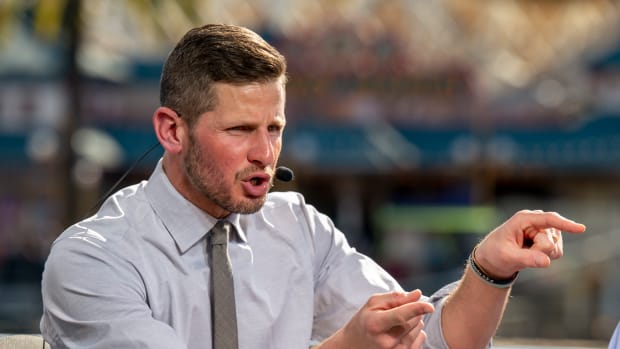 ANAHEIM, CA - FEBRUARY 10: ESPN host Dan Orlovsky makes a point during an ESPN Super Bowl preview show broadcast from Disney California Adventure in Anaheim on Thursday, February 10, 2022. Orlovsky was joined by co-hosts, Keyshawn Johnson, Laura Rutledge, Marcus Spears and Mina Kimes. (Photo by Leonard Ortiz/MediaNews Group/Orange County Register via Getty Images)