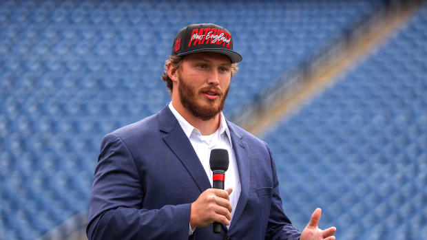 Foxborough, MA - April 29: New England Patriots first-round draft pick Cole Strange on the game field at Gillette Stadium in Foxborough, MA on April 29, 2022. (Photo by Barry Chin/The Boston Globe via Getty Images)