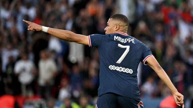 Kylian Mbappe celebrates a goal for Paris Saint-Germain.