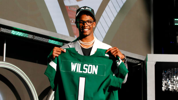 LAS VEGAS, NV - APRIL 28: Garrett Wilson, Ohio State University is selected as the number ten pick by the New York Jets during the NFL Draft on April 28, 2022 in Las Vegas, Nevada. (Photo by Jeff Speer/Icon Sportswire via Getty Images)