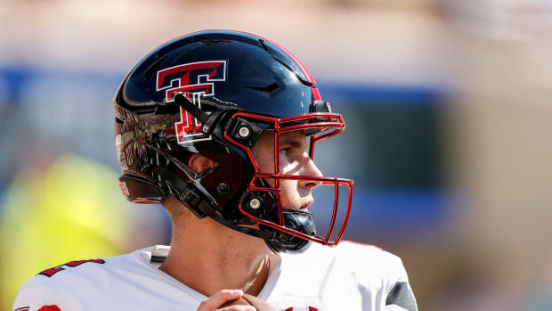 AUSTIN, TEXAS - SEPTEMBER 25: Tyler Shough #12 of the Texas Tech Red Raiders warms up before the game against the Texas Longhorns at Darrell K Royal-Texas Memorial Stadium on September 25, 2021 in Austin, Texas. (Photo by Tim Warner/Getty Images)