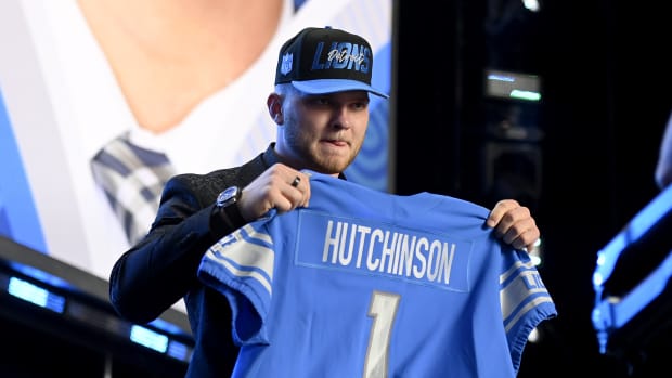 LAS VEGAS, NEVADA - APRIL 28: Aidan Hutchinson poses onstage after being selected second by the Detroit Lions during round one of the 2022 NFL Draft on April 28, 2022 in Las Vegas, Nevada. (Photo by David Becker/Getty Images)
