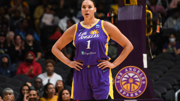 Basketball star Liz Cambage on the court during a WNBA game earlier in her career.
