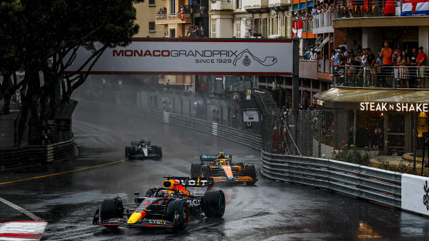 Drivers race at the Monaco F1 Grand Prix on Sunday afternoon in a rain delay.