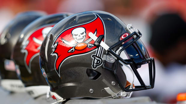 TAMPA, FL - JANUARY 23: Tampa Bay Buccaneers helmet during the NFC Divisional playoff game between the Los Angeles Rams and the Tampa Bay Buccaneers on January 23, 2022, at Raymond James Stadium in Tampa , FL. (Photo by Jordon Kelly/Icon Sportswire via Getty Images)