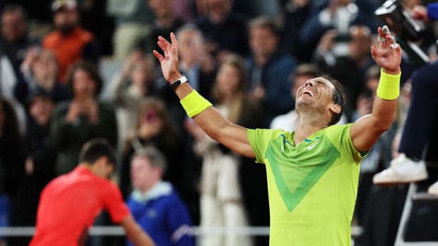 PARIS, FRANCE - MAY 31: Rafael Nadal of Spain celebrates victory against Novak Djokovic of Serbia during the Men's Singles Quarter Final match on Day 10 of The 2022 French Open at Roland Garros on May 31, 2022 in Paris, France. (Photo by Clive Brunskill/Getty Images)