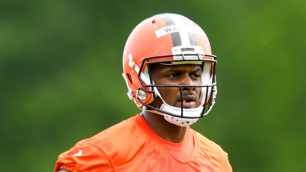 Browns quarterback Deshaun Watson on the field at practice on Wednesday.