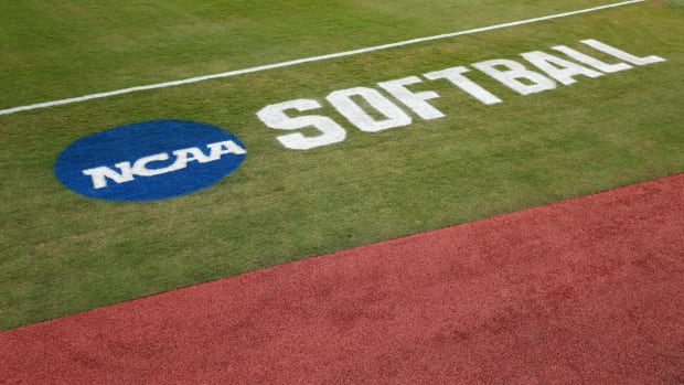 A general view of the NCAA Softball logo on the field.