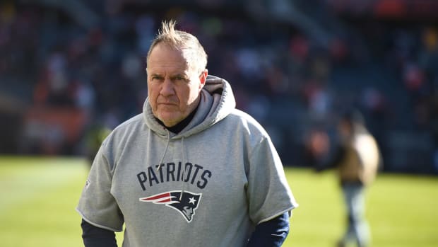 A closeup of New England Patriots coach Bill Belichick during a game.